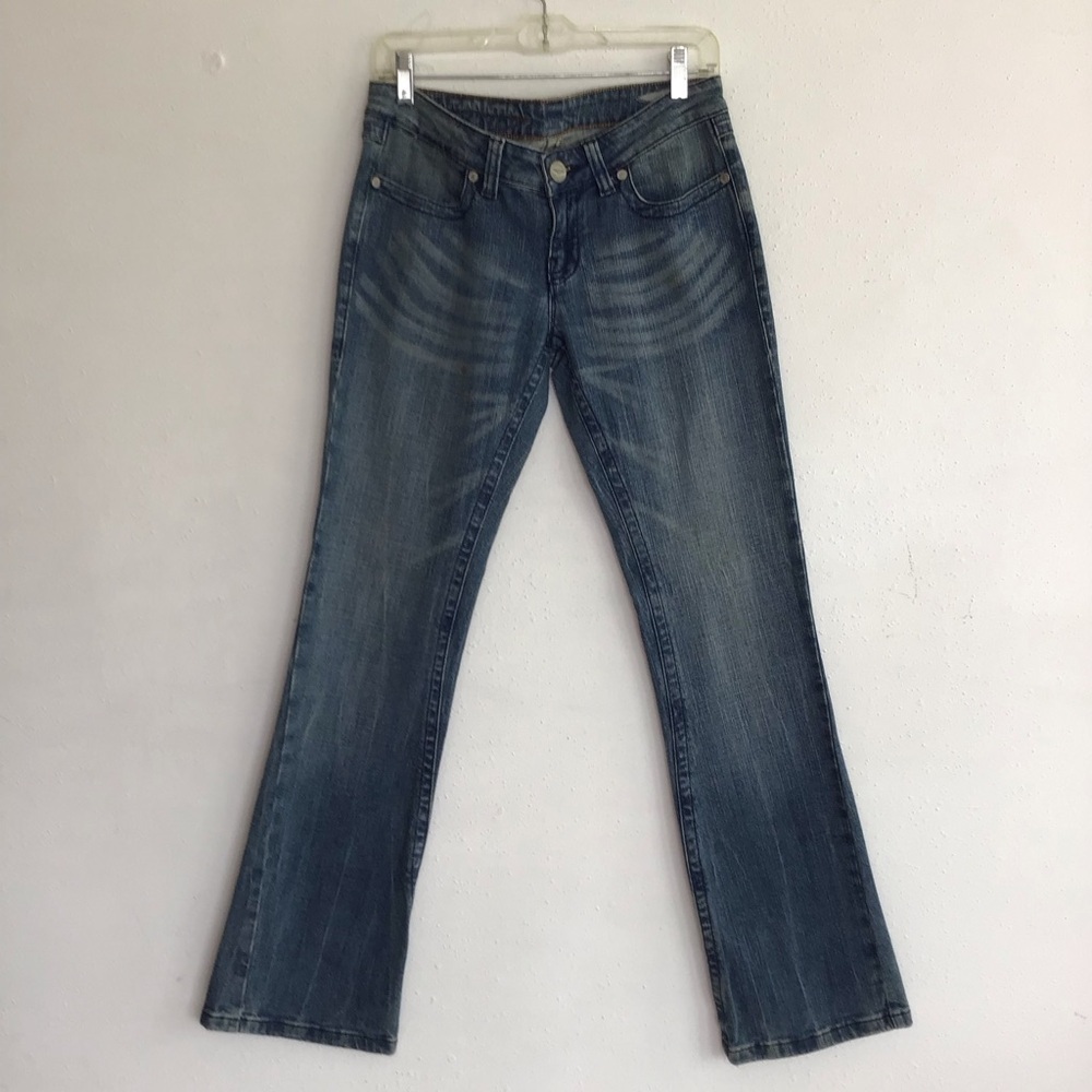 BCBGMaxAzria Women Blue Acid Wash Flare Wide Leg Career Party Jeans 4